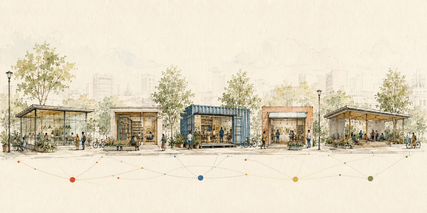 Watercolor city commons with small neighborhood gallery spaces