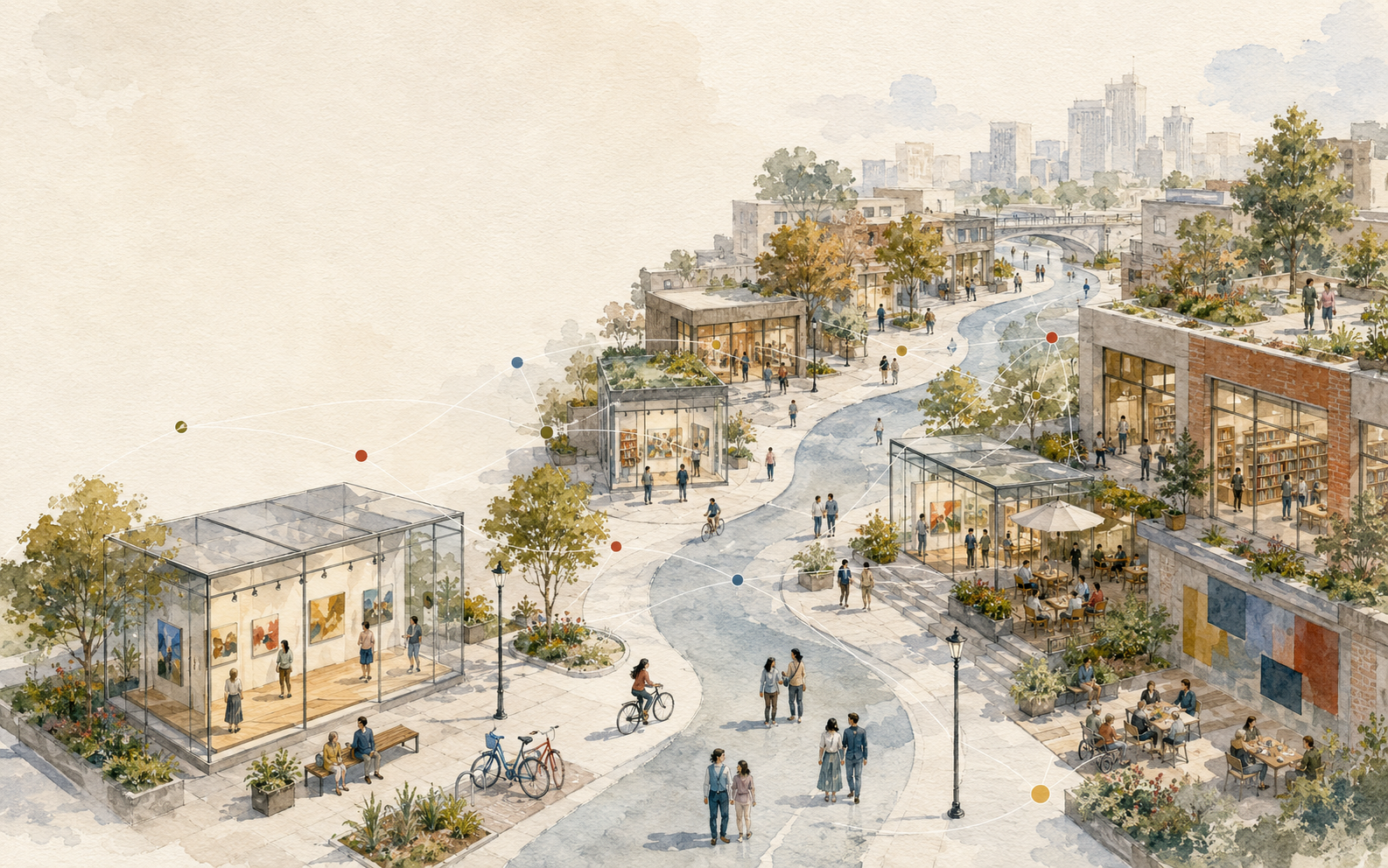 Watercolor city district with streets, small cultural pavilions, people and a distant skyline
